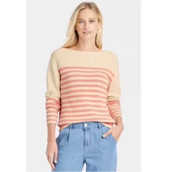 NWT Who What Wear Pullover Sweater - Sz 3X - Coral Almond Stripe - Picture 1 of 3